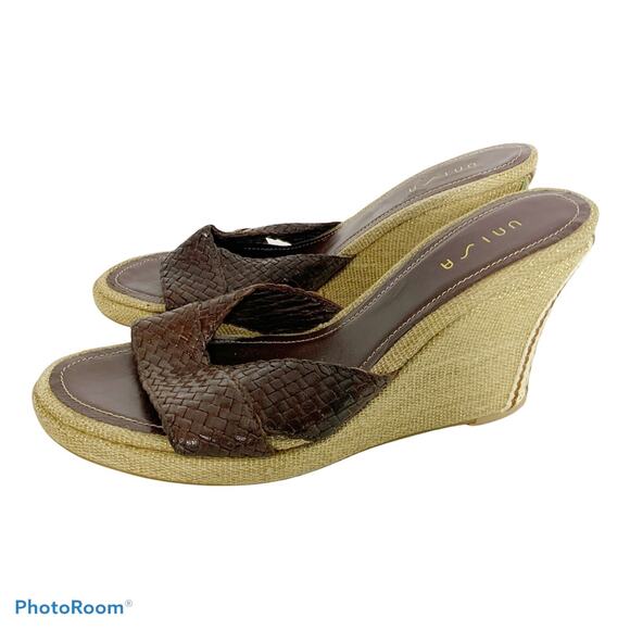 Unisa Wedge Sandals Braided Leather Slip On Brown Gold Bohemian Size 9 - Picture 3 of 8